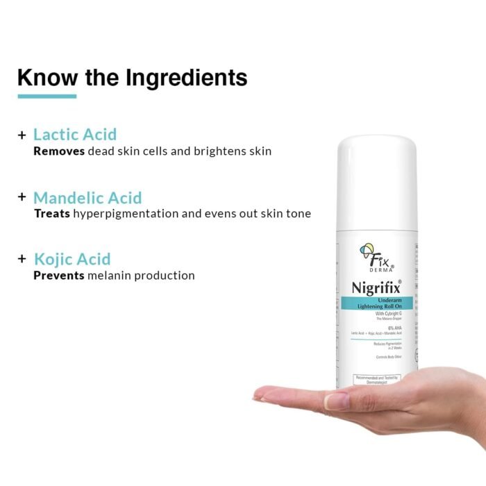 Fixderma Nigrifix Underarm Roll on with 6% AHA, Lactic Acid & 1% Mandelic Acid & Kojic Acid | Brightens Skin & Exfoliates Underarm | For Sensitive Skin - Image 2