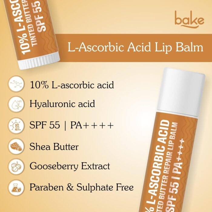 BAKE 10% L-Ascorbic Acid Tinted Butter Brightening Lip Balm SPF 55 PA++++ with Kojic Acid 24 Hour Moisturization | For Dark, Pigmented, Dry & Chapped Lips | De-Tan Lip Balm | For Men & Women - 5g - Image 2