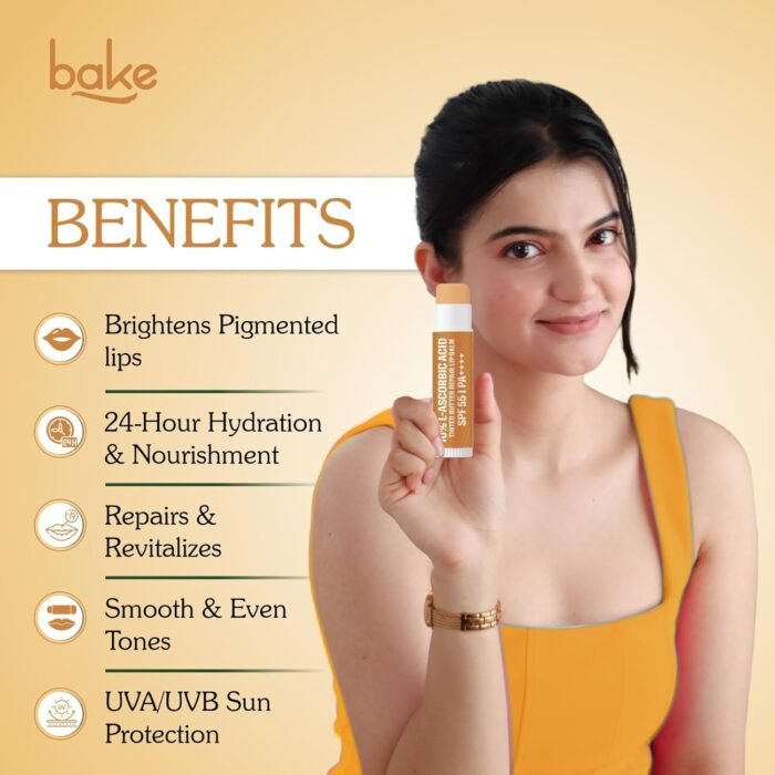 BAKE 10% L-Ascorbic Acid Tinted Butter Brightening Lip Balm SPF 55 PA++++ with Kojic Acid 24 Hour Moisturization | For Dark, Pigmented, Dry & Chapped Lips | De-Tan Lip Balm | For Men & Women - 5g - Image 4