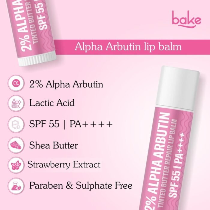 BAKE 2% Alpha Arbutin Tinted Butter Brightening Lip Balm SPF 55 PA++++ with Niacinamide, Lactic Acid | For Dark, Pigmented, Dry & Chapped Lips | Brightens Pigmented Lips | UVA/B Rays Sun Protection - 5g - Image 2
