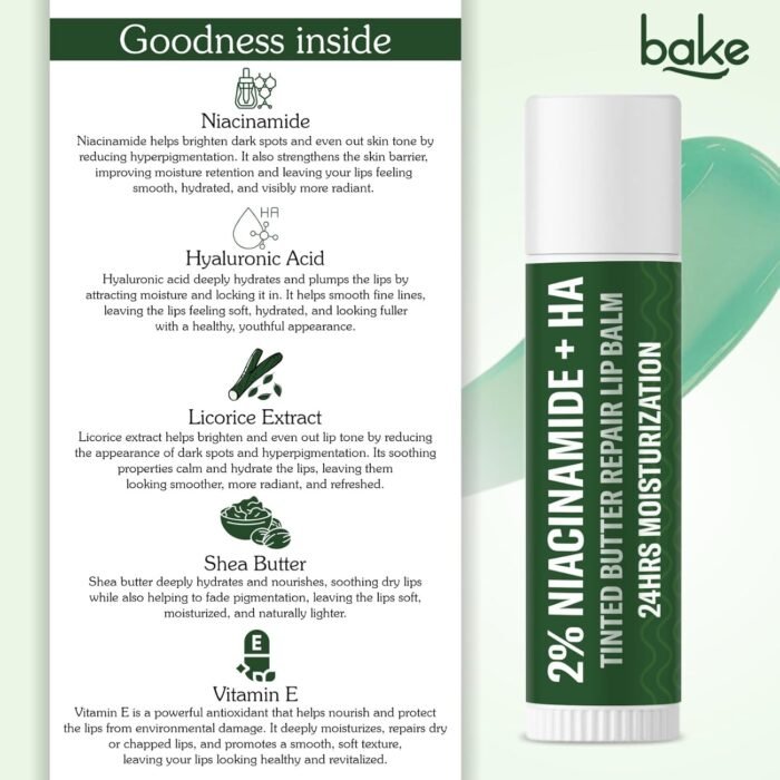 BAKE 2% Niacinamide + Hyaluronc Acid Tinted Butter Brightening Lip Balm 24 Hour Moisturization | For Dark, Pigmented, Dry, Flaky Lips | De-Tan Lip Balm - 5g - Image 6