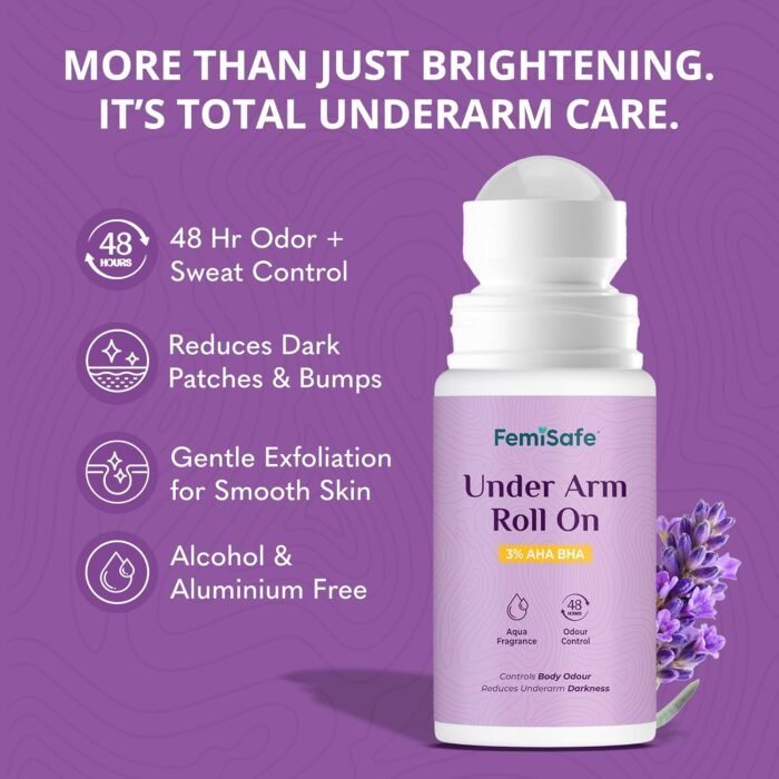 FemiSafe 3% AHA BHA Underarm Roll-On|Controls Odour & Reduces Pigmentation | Alcohol-Free | Antiperspirant with 48H Protection | Unisex Roll-On (50ml) - Image 2