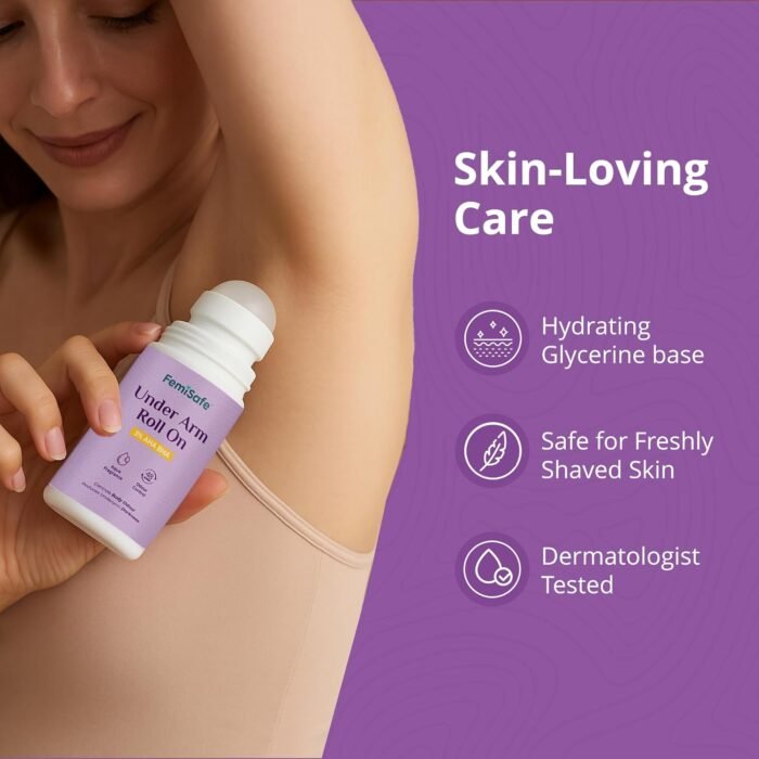 FemiSafe 3% AHA BHA Underarm Roll-On|Controls Odour & Reduces Pigmentation | Alcohol-Free | Antiperspirant with 48H Protection | Unisex Roll-On (50ml) - Image 4