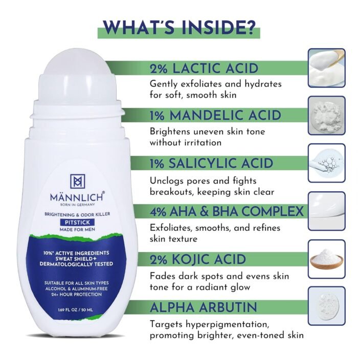 Mannlich Underarm Roll-On for Men, 2% Kojic & Salicylic Acid, Lactic Acid, Alpha Arbutin, 4% AHA & BHA | Brightens Skin, Reduces Pigmentation, Exfoliates & Prevents Body Odor | Alcohol & Aluminum Free, Dermatologically Tested- 50ml - Image 4