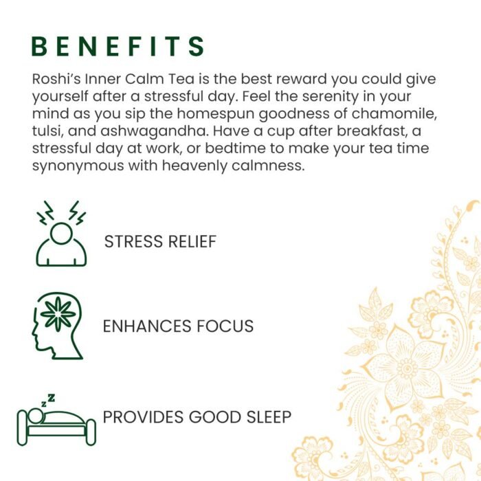 Roshi Inner Calm Tea |25 Teabags| Calming Floral Herbal Tea with Pure Chamomile and Tulsi for relaxation and Good Sleep | Bedtime Chamomile tea| Caffeine-free - Image 6