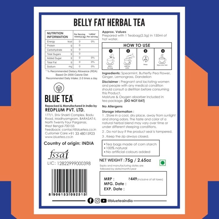 BLUE TEA Belly Fat 30 Tea Bags Pyramid Plant Based Caffeine Free Herbal Tea - Image 9