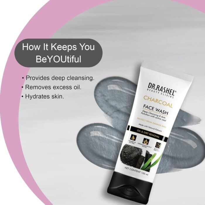 DR.RASHEL Charcoal Face Wash Deep Cleansing & Anti-Polltion with Active Cool with No Parabens, SLS, Silicones & Colour (100 ml) - Image 4