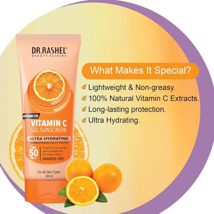 DR.RASHEL Vitamin C Sunscreen SPF 50 PA+++ Gel Ultra Hydrating Fights Sun Damage, Super Lightweight, Non Greasy Parabean Free | 100 ML - Image 5