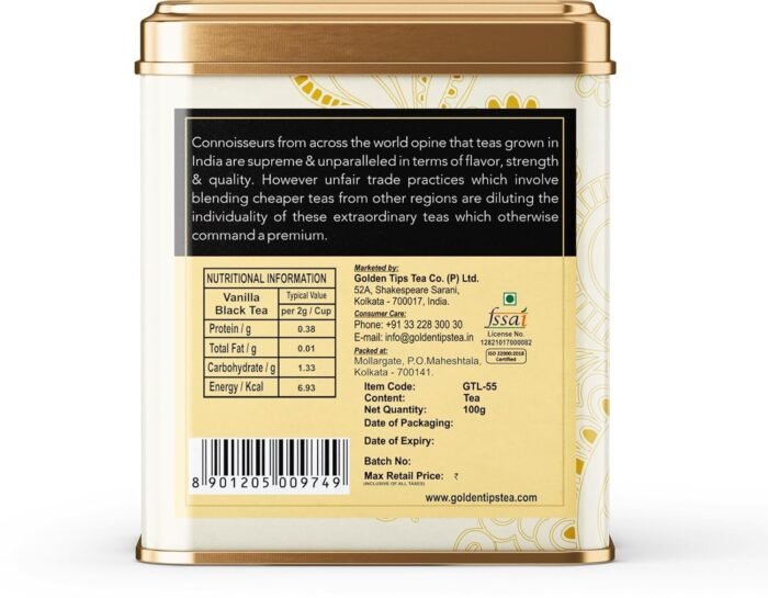 Golden Tips Vanilla Flavour Loose Leaves Black Tea Tin Can (100 Gram, 50 cups) - Image 2