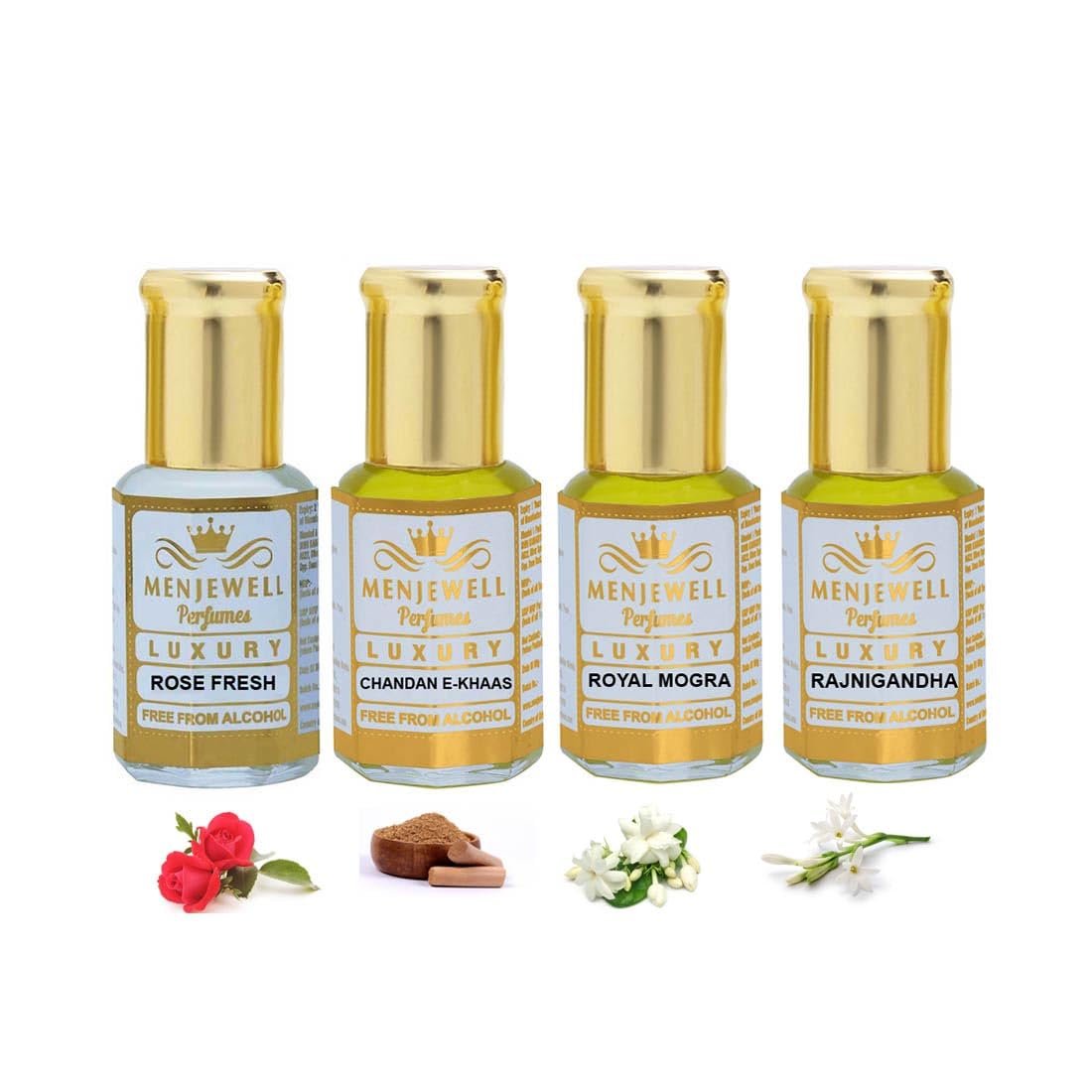 Menjewell Rose Fresh, Chandan-E-Khaas, Royal Mogra & Rajnigandha Perfume Floral Attar, 6 Ml (Pack Of 4) 1 Menjewell Rose Fresh, Chandan-E-Khaas, Royal Mogra & Rajnigandha Perfume Floral Attar, 6 Ml (Pack Of 4) - Image 1