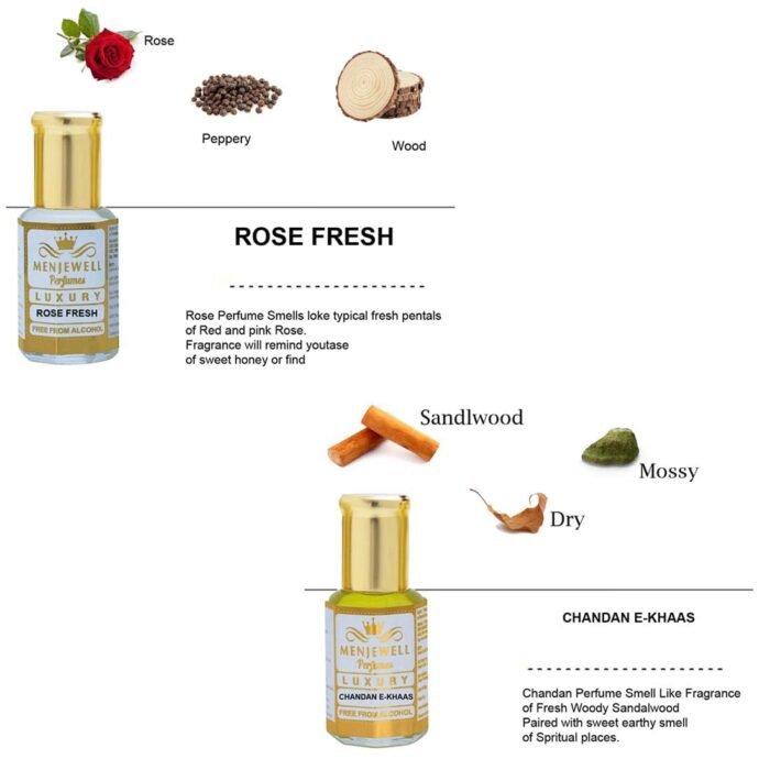 Menjewell Rose Fresh, Chandan-E-Khaas, Royal Mogra & Rajnigandha Perfume Floral Attar, 6 Ml (Pack Of 4) - Image 2