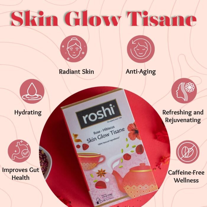 Roshi Rose -Hibiscus Herbal tea Skin glow tisane with anti-ageing 18 Teabag - Image 3