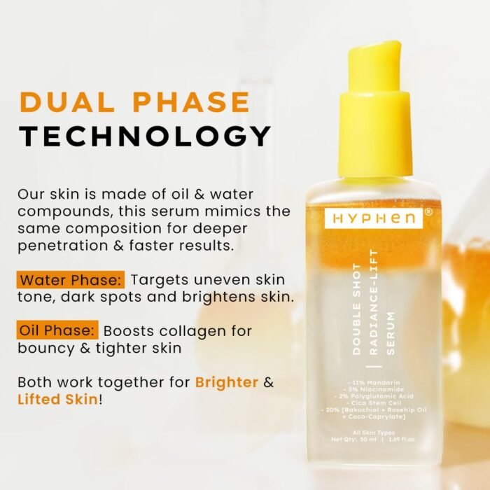 Hyphen 18% Brightening + 20% Collagen Face Serum | Double Shot Serum with 11% Mandarin 5% Niacinamide 2% PGA & Bakuchiol | Winter Skincare | Brightening, Hydrating & Collagen Boost for Dry Skin - 50ml - Image 5