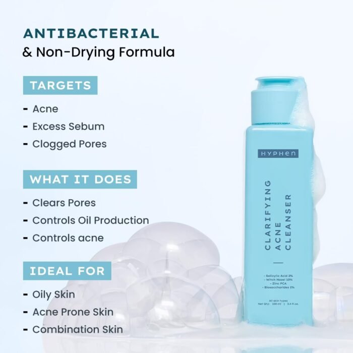 Hyphen Clarifying Acne Face Wash for Women and Men | Cleanser For Acne Prone Skin with Salicylic Acid 2%, Zinc PCA, Witch Hazel 10% | Oil Control Pore Cleasning | Antibacterial & Non-Drying - 100ml - Image 2