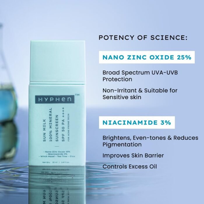 Hyphen Sun Milk 100% Mineral Sunscreen Spf 50 Pa++++ Uv+ Bluelight Protection, 25% Nano Zinc Oxide | Sensitive, Acne Prone & Oily Skin, Water Resistant Sun Protect | For Women And Men - 50 Ml - Image 6