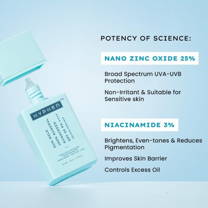 Hyphen Sun Milk 100% Mineral Sunscreen Spf 50 Pa++++ Uv+ Bluelight Protection, 25% Nano Zinc Oxide | Sensitive, Acne Prone & Oily Skin, Water Resistant Sun Protect | For Women And Men - 50 Ml - Image 7