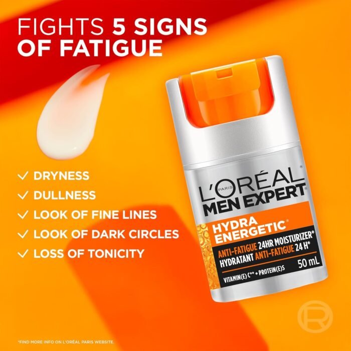 L'OREAL PARIS Men Expert Hydra Energetic Face Cream With Vitamin C + Protein, 24Hr Non-Greasy Face Moisturizer For Men, For Dry And Dull Skin, Reduces Look Of Fine Lines & Dark Circles, 50Ml - Image 2