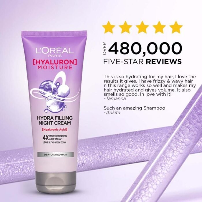 L'Oreal Paris Hyaluron Moisture Hydra Filling Leave-in Night Cream, Powered by Hyaluronic Acid, For Dry & Dehydrated Hair, Volume-180ml, Makes hair frizz-free, bouncy and hydrated for up to 72HR - Image 6