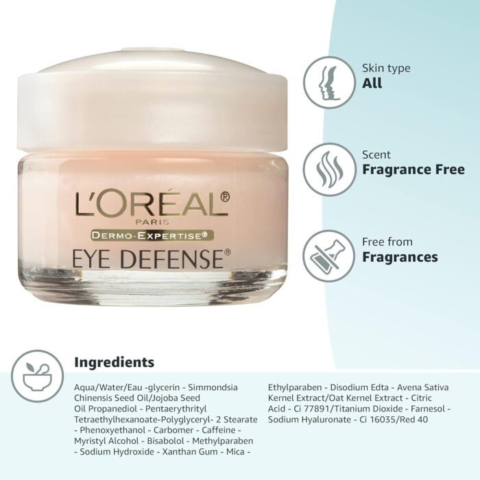 L'Oreal Pariseye Cream To Reduce Puffiness, Lines And Dark Circles, L'Oreal Paris Skincare Dermo-Expertise Eye Defense Eye Cream With Caffeine And Hyaluronic Acid For All Skin Types, 0. 5 Oz. - Image 8