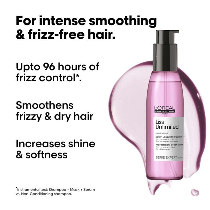 L'Oréal Professionnel Liss Unlimited Leave-In Hair Serum for Frizzy & Unruly Hair - 125ml | Intensive Smoothing Serum for Frizz-Control | Enriched with Primrose Oil | Increases Softness & Shine - Image 2