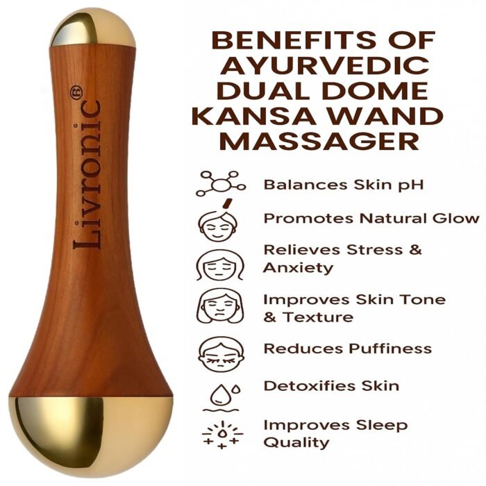 Livronic Ayurvedic Dual Kansa Wand massager | Both Side Bronze Cap - Certified Kansa Ayurveda Face Yoga Beauty Tool - Facial,Neck & Under-eye Massage with Orginal Teak wood Handle - Image 3