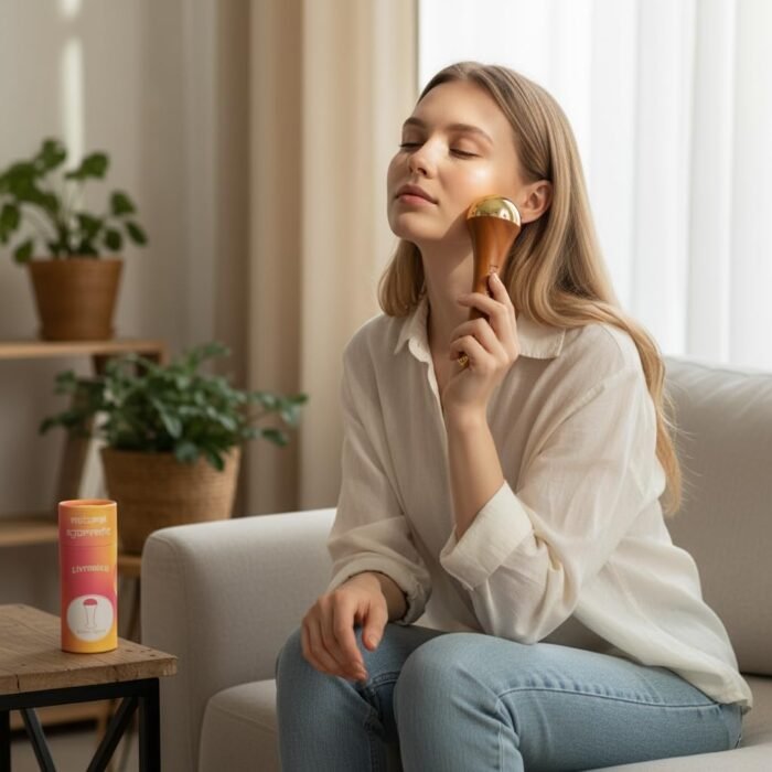 Livronic Ayurvedic Dual Kansa Wand massager | Both Side Bronze Cap - Certified Kansa Ayurveda Face Yoga Beauty Tool - Facial,Neck & Under-eye Massage with Orginal Teak wood Handle - Image 4