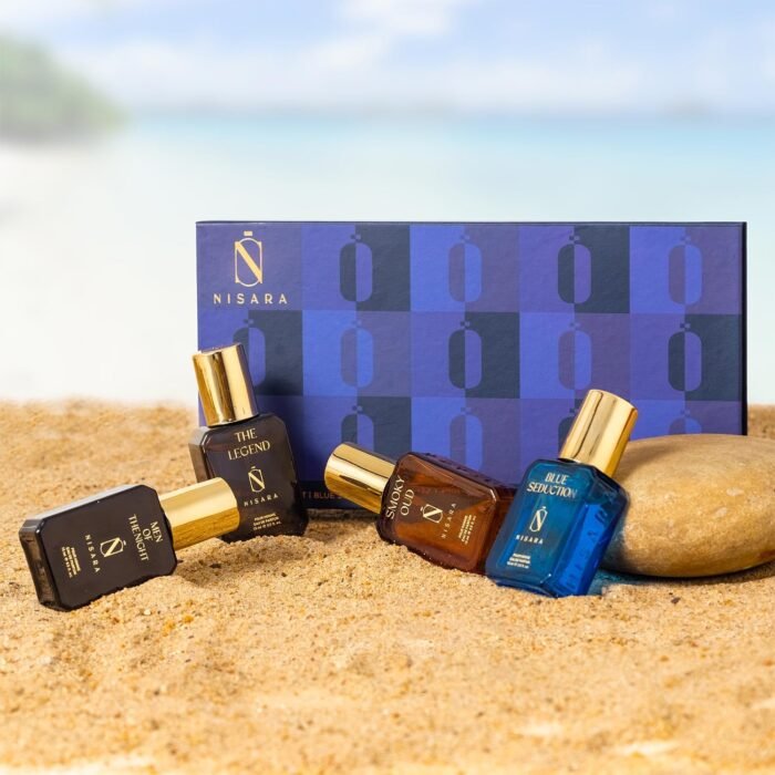Nisara Long Lasting Men Perfume Gift Set 4x15ml(60ml) | Notes:- Citrus Musky, Fresh Aqua, Woody Oud with | Men Of The Night | Blue Seduction | The Legend | Smoky Oud | Travel & Pocket-friendly perfume kit for all moods & occasions | Ideal gift for men, Husband, Friend, Boyfriend | Premium Perfume For Men - Image 5