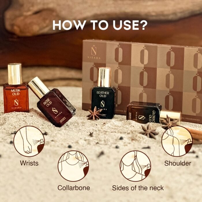 Nisara Long-Lasting Unisex Oud Gift Set 4x15ml(60ml) | Notes:- Rose, Musk, Leather, Woody Oud | Travel & Pocket-Friendly Perfume Kit for All Moods & Occasions | Perfect for Men, Him, Her Woman, Wife, Friend, Girlfriend, and Boyfriend - Image 2