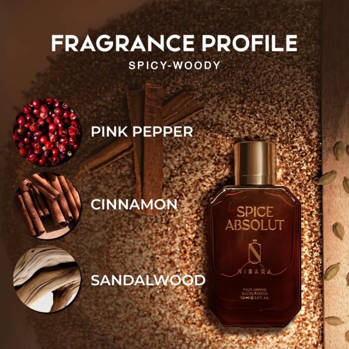 Nisara Spice Absolut Eau de Parfum for Men 100ml |Long-Lasting Premium Perfume| Spicy Woody Fragrance with Cardamome, Lavender, Cinnamon,Sandalwood & Musk Notes | Bold, Sophisticated Fragrance for Him - Image 2
