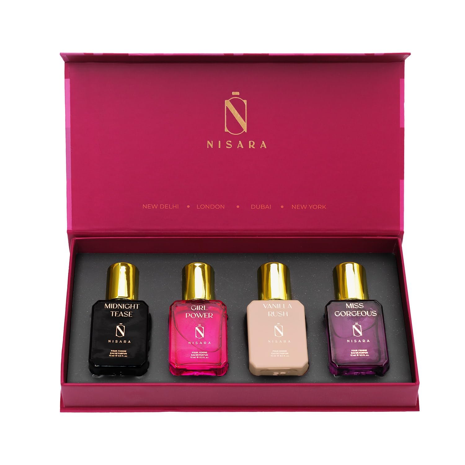 Nisara Women Eau De Parfum Gift Set 4x15 ml 1 Nisara Women Eau De Parfum Gift Set 4x15 ml with Vanilla Rush,Midnight Tease,Miss Gorgeous,Girl Power Perfume| EDP Fragrance Scent - Image 1