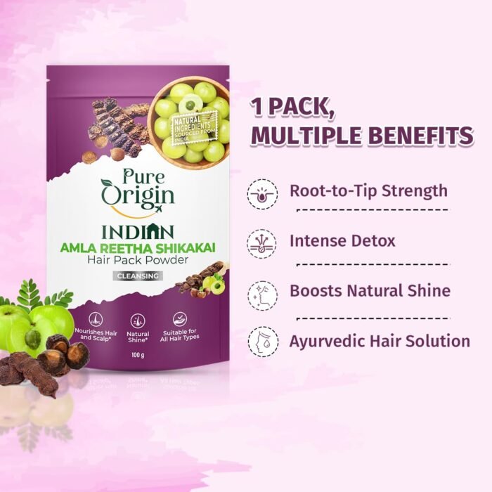 Pure Origin Amla Reetha Shikakai Hair Pack Powder (Pack of 2) | Natural Hair Cleanser | Reduces Hairfall & Nourishes Scalp | Boosts Shine | For All Hair Types | 200g - Image 2
