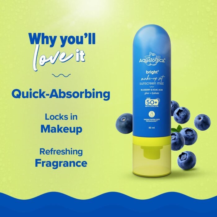 Aqualogica Bright+ Makeup-Set Sunscreen Mist SPF 50+ PA++++ with Blueberry & Kojic Acid | Ultra-Fine Mist for Easy Application over Makeup | Quick Drying | Sets Make-Up | No White Cast | Easy Reapplication | Hydrates & Refreshes | 80 ml - Image 4
