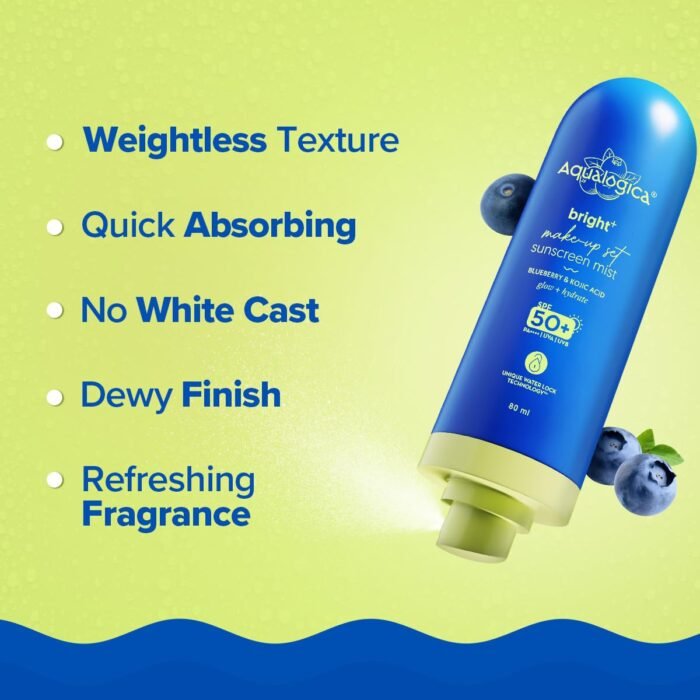 Aqualogica Bright+ Makeup-Set Sunscreen Mist SPF 50+ PA++++ with Blueberry & Kojic Acid | Ultra-Fine Mist for Easy Application over Makeup | Quick Drying | Sets Make-Up | No White Cast | Easy Reapplication | Hydrates & Refreshes | 80 ml - Image 5