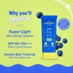 Aqualogica Bright+ Tone Up Sunscreen | Broad Spectrum SPF 50+ PA++++ with Kojic Acid & Blueberry | UVA/B & Blue Light Protection | Instantly Brightens | Lightweight, Non-Greasy, No White Cast | All Skin Types | Fragrance-Free | 50g - Image 3