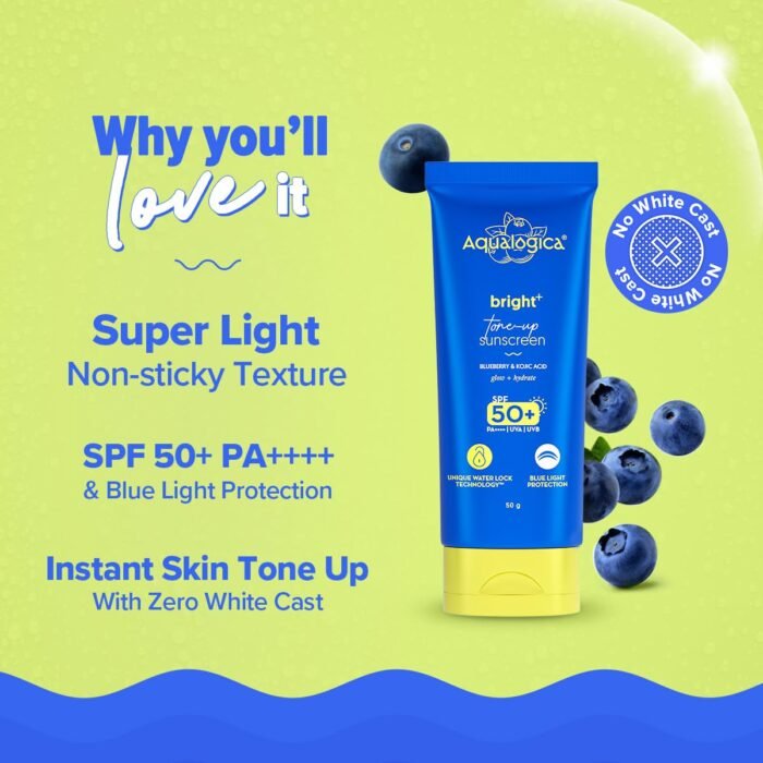 Aqualogica Bright+ Tone Up Sunscreen | Broad Spectrum SPF 50+ PA++++ with Kojic Acid & Blueberry | UVA/B & Blue Light Protection | Instantly Brightens | Lightweight, Non-Greasy, No White Cast | All Skin Types | Fragrance-Free | 50g - Image 3