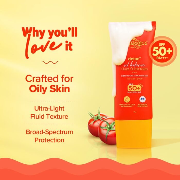 Aqualogica Detan+ Oil Balance Fluid Sunscreen for Oily Skin - 50 g | Water-like Fluid Texture | SPF 50+ PA++++ UVA & UVB Protection | Reduces Tan | Oil Free | Balances Excess oil | Non Greasy | No White Cast | For Men & Women - Image 3