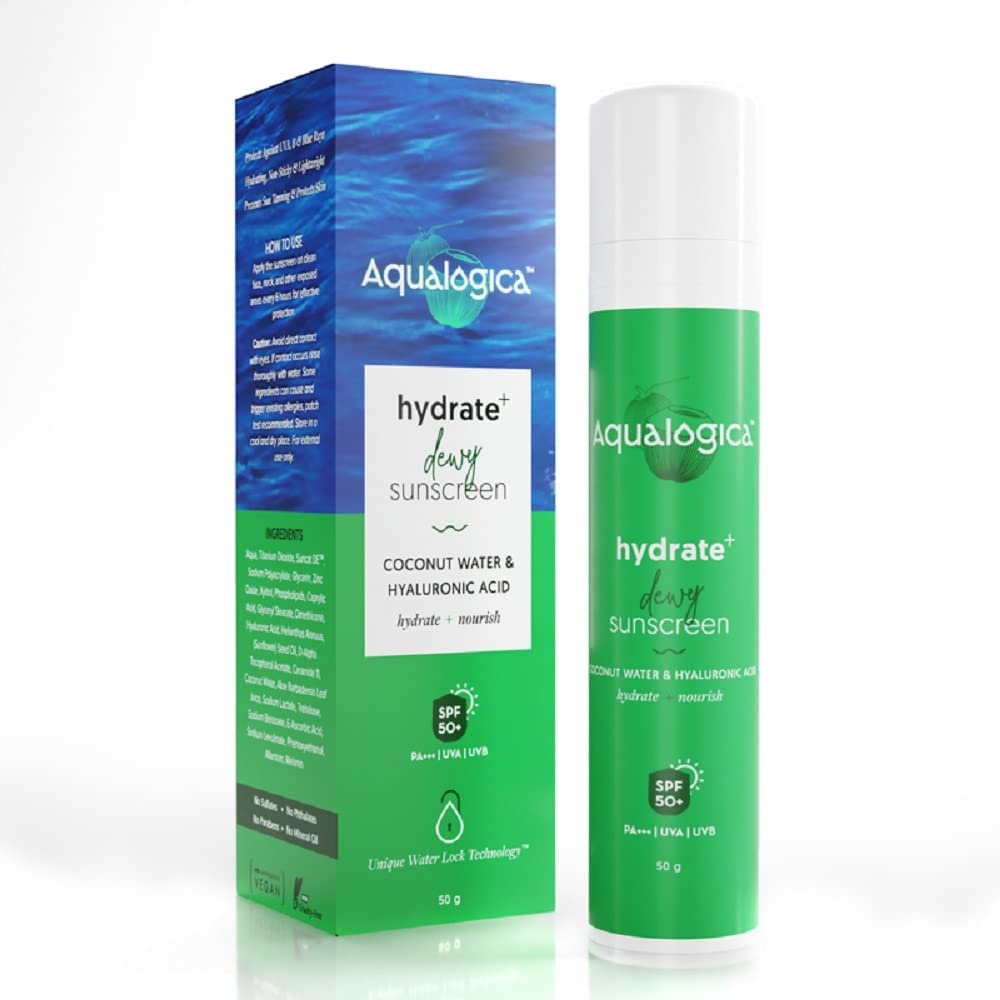 Aqualogica Hydrate+ Dewy Sunscreen SPF 50 PA+++ 50g 1 Aqualogica Hydrate+ Dewy Sunscreen SPF 50 PA+++ 50g | UVA/B & Blue Light Protection for Men & Women | For Oily, Combination & Dry Skin | Fragrance-Free - Image 1