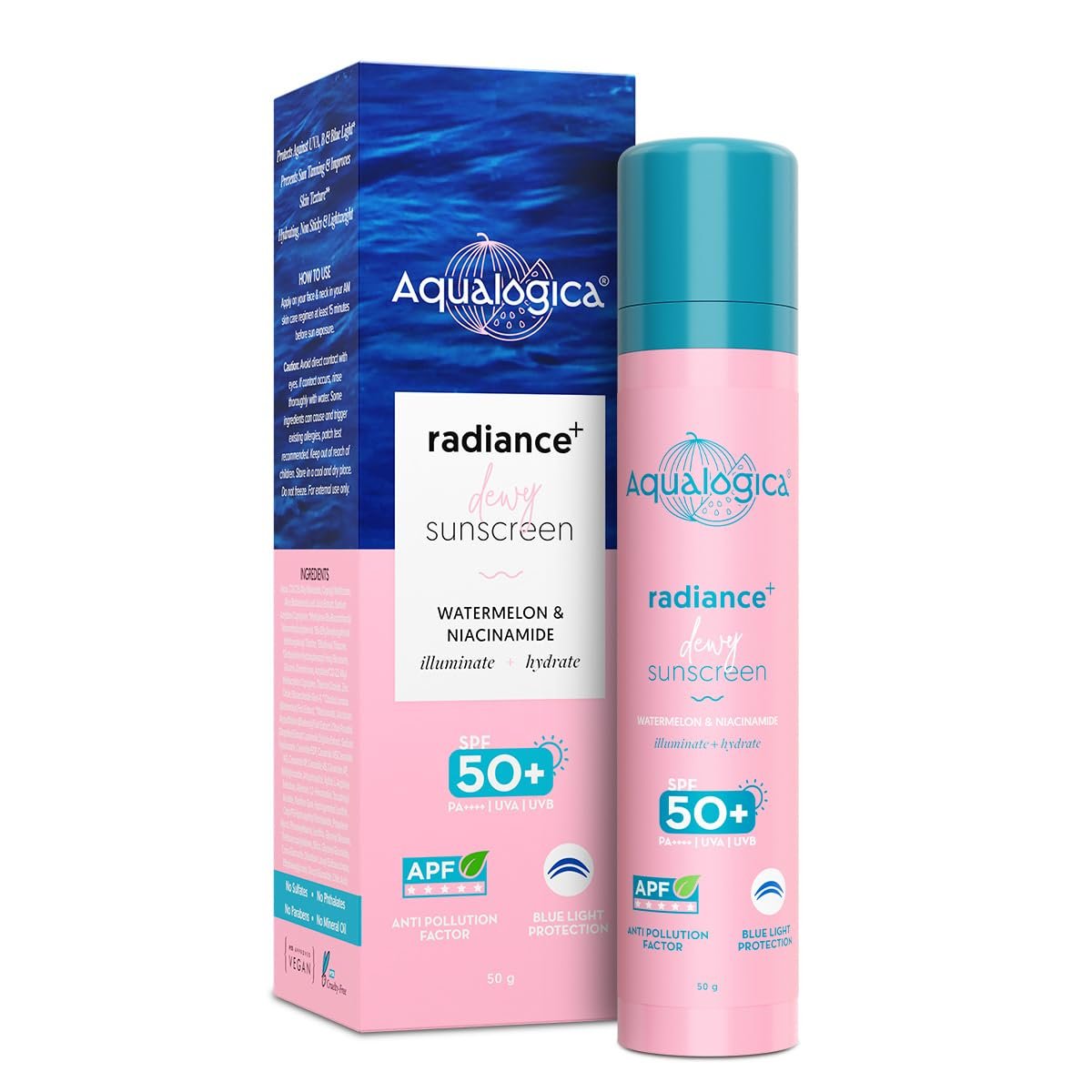 Aqualogica Radiance+ Dewy Sunscreen with Watermelon & Niacinamide with SPF 50 & PA++++ - 50g 1 Aqualogica Radiance+ Dewy Sunscreen with Watermelon & Niacinamide with SPF 50 & PA++++ | Broad Spectrum SPF 50+ PA++++ | UVA/B & Blue Light Protection | Anti-Pollution Factor (APF) Technology | In Vivo Tested | deal for Oily Skin Type| Fragrance-Free & No White Cast | For Radiant Skin - Image 1