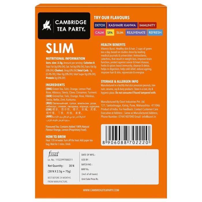 Cambridge Tea Party Slim 30 Tea Bags, Hibiscus Clove Orange Rose Turmeric Cinnamon Tulsi Green Tea (immunity booster with natural vitamins, cleanse, cold relief, weight loss, slim, skin glow) - Image 2