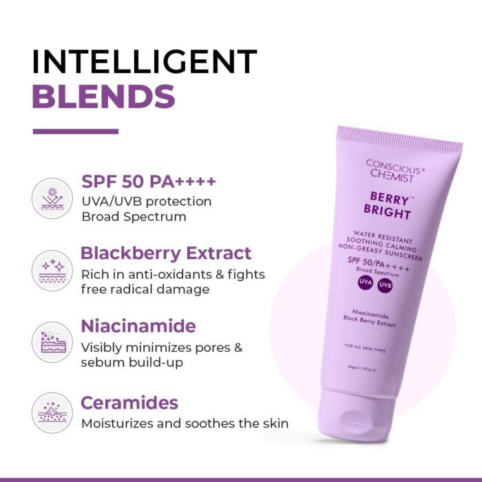 Conscious Chemist® Sunscreen SPF 50 PA++++ | 50g | Sunscreen for Oily Skin, Gel Sunscreen, Niacinamide with Black Berry Extract, Hybrid Lightweight, All Skin Types - Berry Bright - Image 3