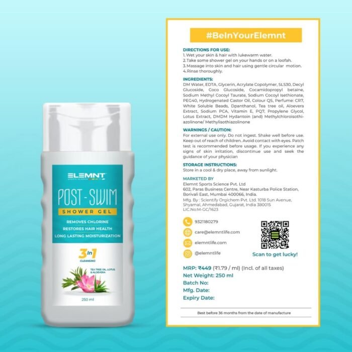 Elemnt Post Swim Shower Gel for Teens & Adults | Chlorine & Odour Clear Body Wash | Prevents Body Acne, Exfoliates & Deep Cleanses Skin | Contains Tea Tree Oil, Aloe Vera, Lotus Extracts - 200 ml - Image 6
