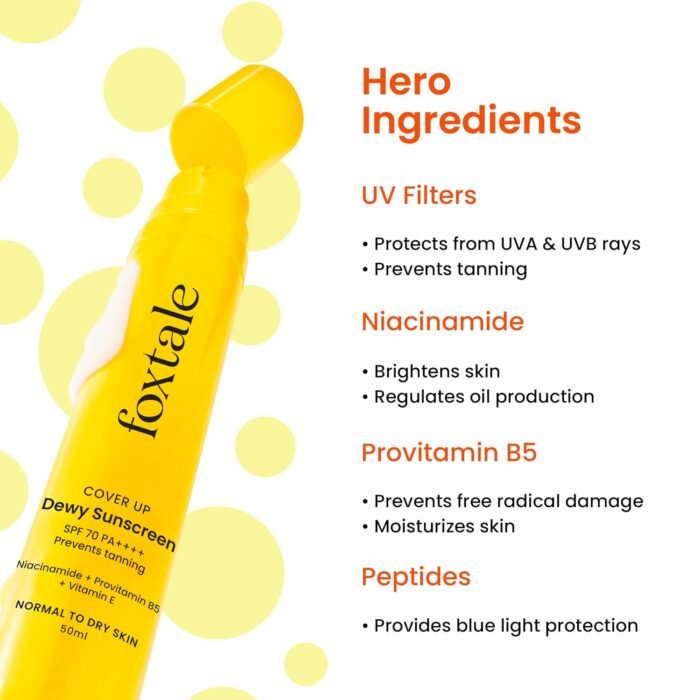 Foxtale SPF 70 Niacinamide Dewy Sunscreen with PA++++ For Dewy Sun Protection|Prevents Tan|Lightenweight, Non Greasy, No White Cast|Anti-Tan Formula|For Men & Women|For all skin type,50 Ml - Image 3