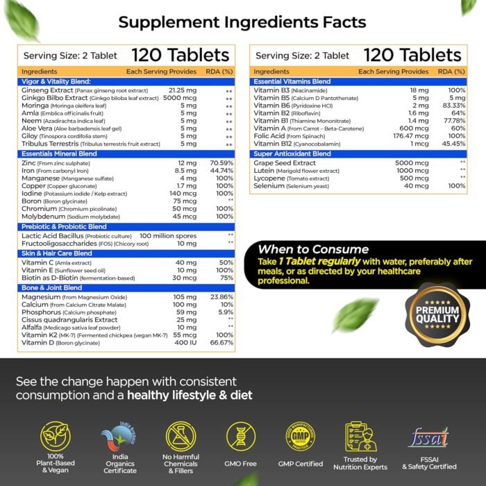 Health Veda Organics Multivitamin with Probiotics | 120 Tablets | 45+ Ingredients for Daily Energy, Immunity & Gut Health Support | For Men & Women - Image 2