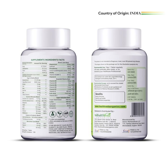 Health Veda Organics Multivitamin with Probiotics | 120 Tablets | 45+ Ingredients for Daily Energy, Immunity & Gut Health Support | For Men & Women - Image 9