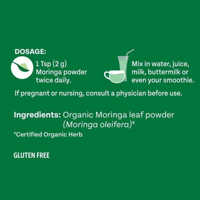 A TATA Product - Organic India Moringa Powder, Dietary Supplement, Superfood, Rich In Vitamins, Minerals & Amino Acids, For Immunity, Digestion & Energy, Gluten Free, Certified Organic, 200g, Pouch - Image 3