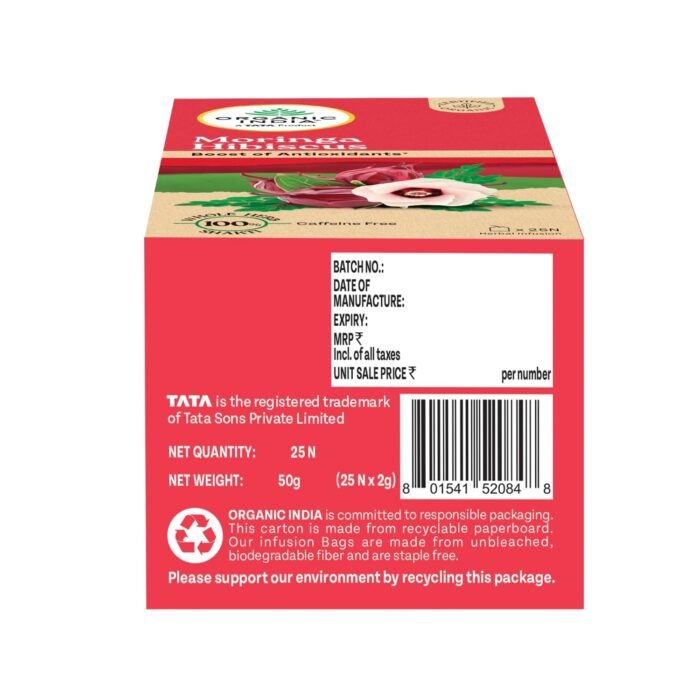 A TATA Product - Organic India Moringa Hibiscus Infusion, 25 Tea Bags, Certified Organic, Antioxidant-Rich, Caffeine-Free, Whole Herb Blend - Image 6