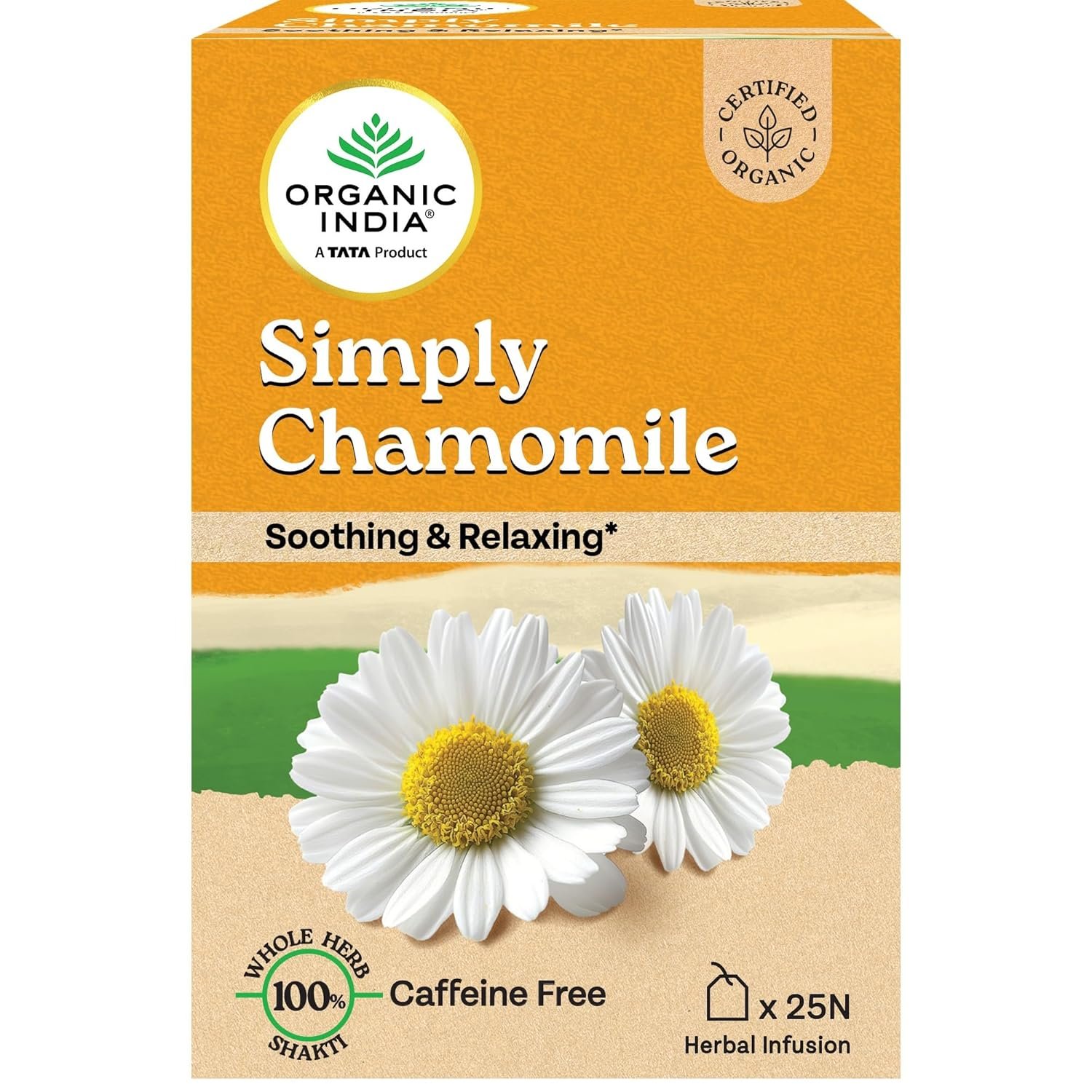 A TATA Product - Organic India Simply Chamomile Infusion 1 A TATA Product - Organic India Simply Chamomile Infusion, 25 Tea Bags, Certified Organic, Soothing & Relaxing, Caffeine-Free, Whole Herb Blend - Image 1