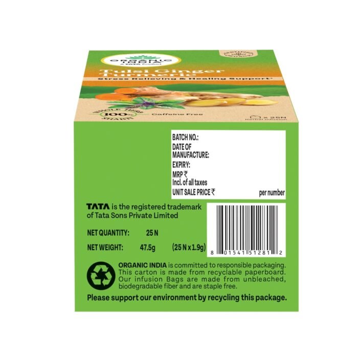 A TATA Product - Organic India Tulsi Ginger Turmeric - 25 Tea Bags, Boosts Immunity, Supports Healing & Recovery, Rich in Antioxidants, Made with Tulsi, Turmeric, Cinnamon, and Pepper - Image 2