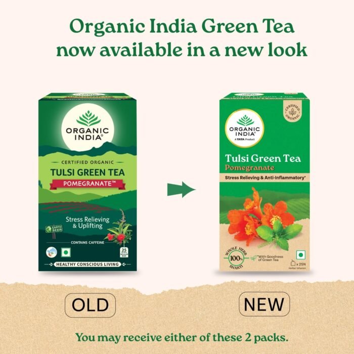 A TATA Product - Organic India Tulsi Green Tea Pomegranate - 25 Tea Bags, Certified Organic, Stress Relief, Rich in Antioxidant, Tulsi & Pomegranate Infusion - Image 2
