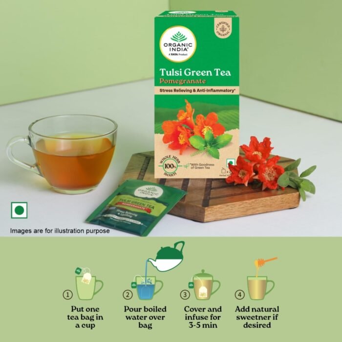 A TATA Product - Organic India Tulsi Green Tea Pomegranate - 25 Tea Bags, Certified Organic, Stress Relief, Rich in Antioxidant, Tulsi & Pomegranate Infusion - Image 5